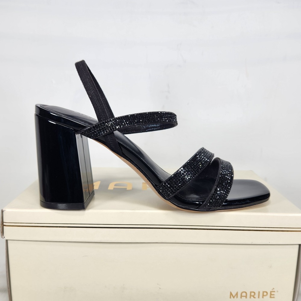 Maripe Lilyana Sandal Women Size 8.5 Black Crystal Embellished Block Heel Square